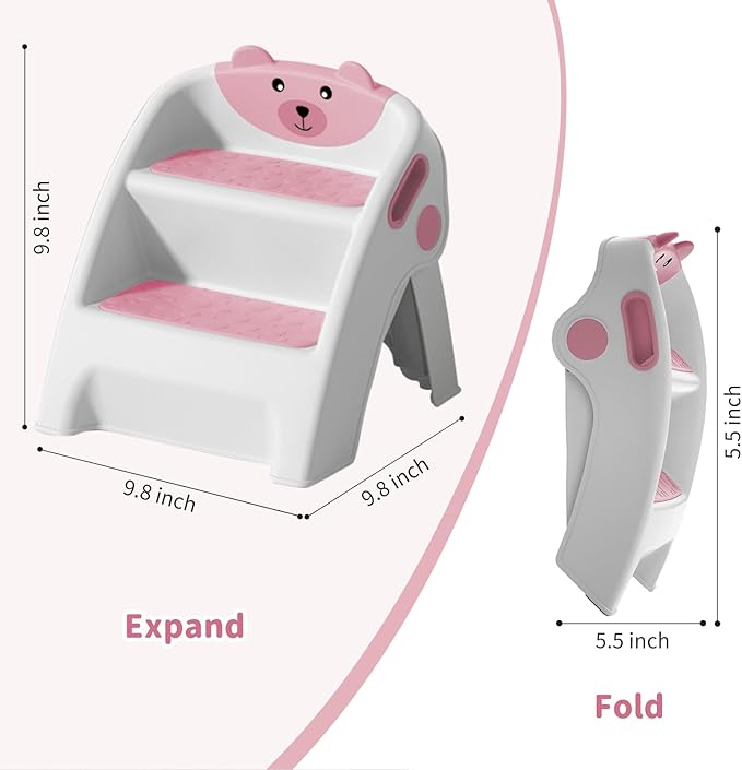 Toddler Step Stool Foldable 2 Step Stool for Kids Collapsible Anti-Slip Stepping Stool for Bathroom Sink Potty Toilet Toddler Kitchen Stool Helper (Pink)