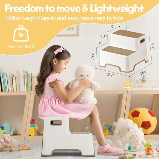 Toddler Step Stool for Bathroom sink, 2 Pack Step Stool for Kids, Plastic Potty Training Toilet Stepping Stools, Child and Baby Lightweight&No-Slip Two Step Stools for Kitchen(Off-White/Khaki)