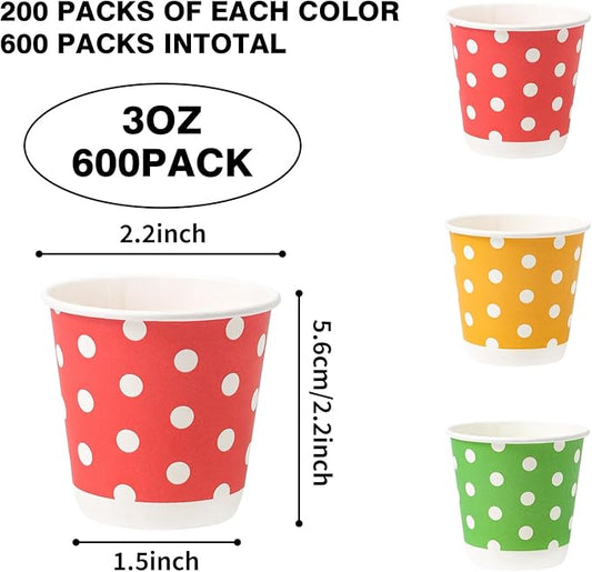 Tamone 600 Pack 3 oz Paper Cups, Small Bathroom Cups, Disposable Cups, Mini Paper Cups Dot Design, Red, Green, Yellow Mouthwash Cups for Party, Picnic, BBQ, Travel, Home and Event