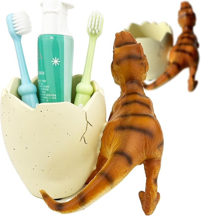 FlidRunest Dinosaur Toothbrush Holder Toothbrush Organizer for Bathroom - Sturdy Resin Tooth Brush Holder - Easy to Clean - Funny Dino Decor Gift for Birthday, Children's Day, Christmas