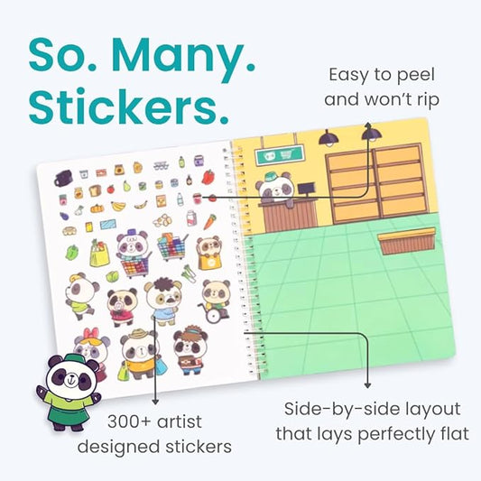 Cupkin Panda Sticker Book Activity for Kids, Toddler Airplane Travel Essentials, 300+ Stickers for Kids + 8 Scenes + Coloring Book Pages, Panda Bear Lover Gift, Children's Crafts Ages 2-8