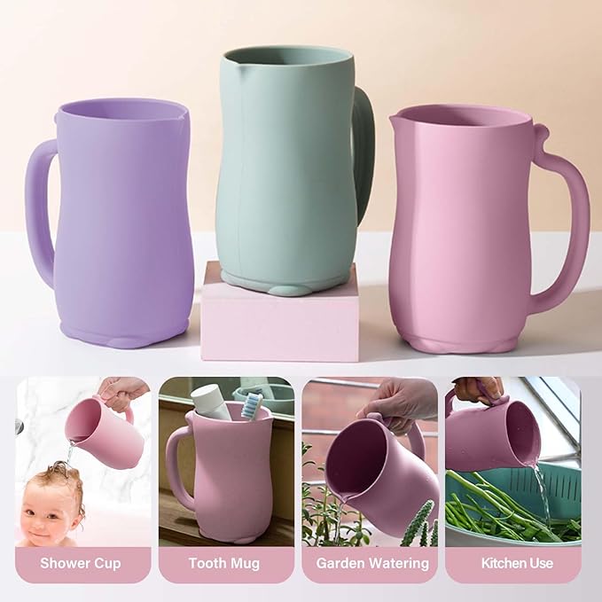 mandoo Baby Bath Rinse Cup - Food Grade Silicone - Shampoo & Body Washing Rinser Cup for Kids with Easy Grip Handle to Rinse Baby Shampoo and Soap - Baby Essentials(Purple+Brush
