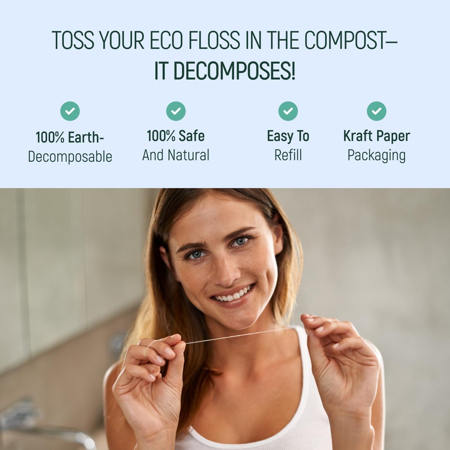 Biodegradable Mint Dental Tooth Lace Floss With Refillable & Reusable Glass Holder - 100% Organic Natural and Compostable Teeth Silk Spool Waxed With Candelilla Wax & Eco-Friendly Zero Waste Packaging