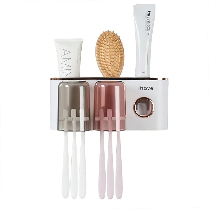 iHave Toothbrush Holders Bathroom Decor with Toothpaste Dispenser, 2 Cups Toothbrush Holder Wall Mounted Bathroom Accessories