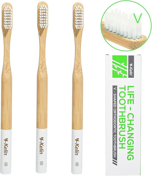 Y-Kelin Bamboo V-Shaped Orthodontic Toothbrush, 3pcs, White