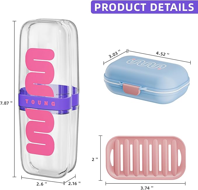 VITVITI Travel Soap Case Container, Portable Toothbrush Travel Case Dish Tray, 7.88 Inch Toothpaste Traveling Toothbrush Holder Set with Cover for Trip/Bathroom/Camping, Purple