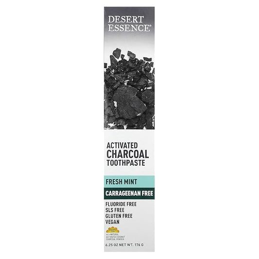 Desert Essence Activated Charcoal Toothpaste - Fluoride and Carrageenan Free - Brighter Teeth and Fresher Breath with Activated Coconut Shell Charcoal, Baking Soda, and Fresh Mint - 6.25 oz