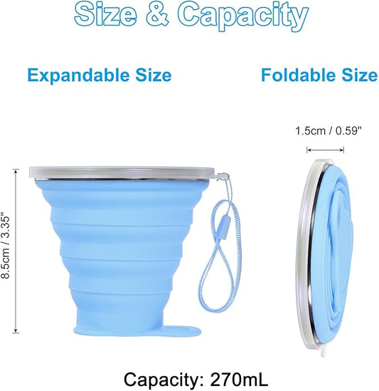 PATIKIL Collapsible Travel Cup, 2 Pack 270mL Travel Folding Cup with Lid Silicone Portable Drinking Cup for Traveling Camping, Blue