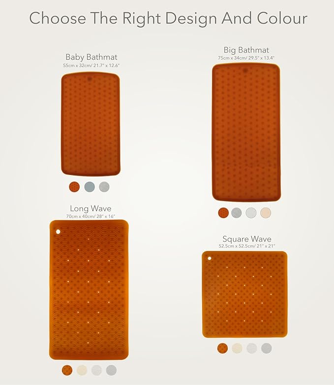 HEVEA Natural Rubber Wave Bath Mat ā Long 28 Ć 16 in - Non-Slip Shower & Bathtub Mat with 388 Suction Cups, Plastic-Free & Biodegradable (Granite)