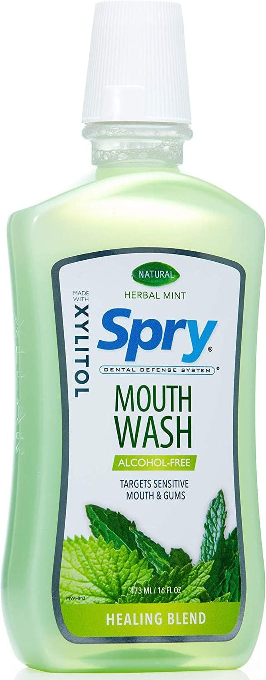 Spry Natural Xylitol Mouthwash Fluoride Free with Enamel Support, Alcohol-Free, Gentle, Non-GMO, Herbal Mint - 16 fl oz (Pack of 3)