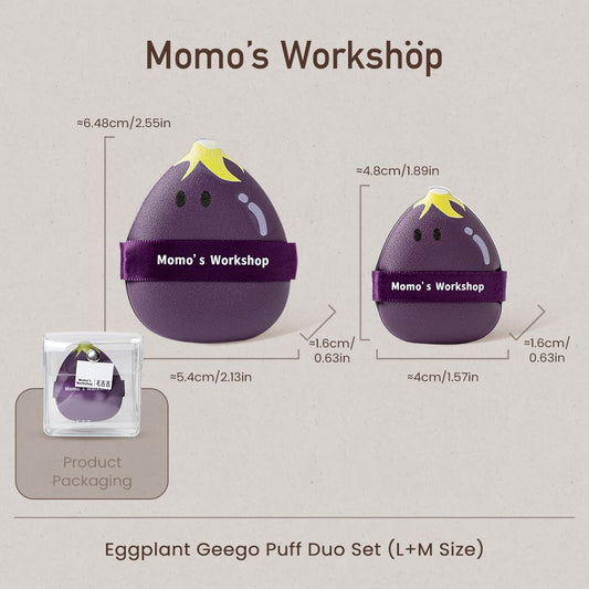 Momo's Workshop Eggplant Makeup Sponge Set - Dual Wet & Dry Use, Reinforced Strap, Even Foundation Application, for Cushion/Cream Foundation to Achieve Natural Finish,2pcs,L+M & Storage Case