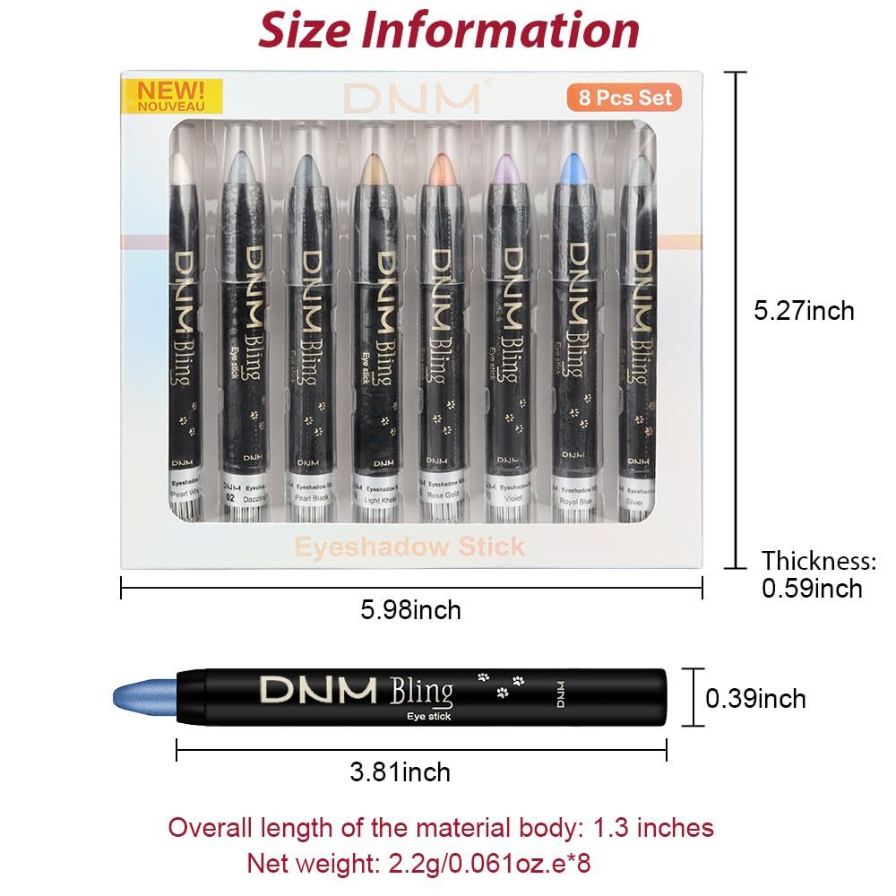 8Pcs Cream Eye Shadow Brightener Sticks Set for Eyes, Pearl White Smokey Black Gray Khaki Royal Blue Violet Purple Silver, Halloween Makeup, Matte Shimmer Eye Shadow Pencil Pen Crayon Waterproof 01