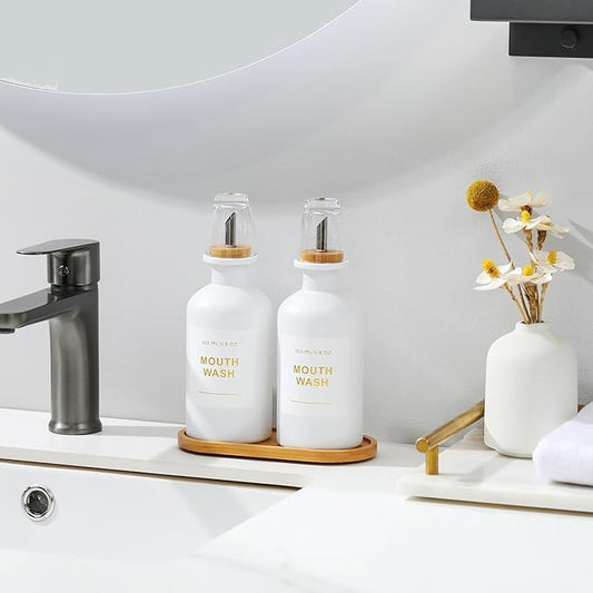 11.8OZ Mouthwash Dispenser for Bathroom with Bamboo & Stainless Steel Pour Spout, Mouthwash Cups Reusable, Bamboo Tray, and Elegant Gold Label. Set of 2(White