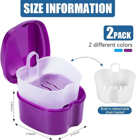 2 Pack Colors Denture Bath Case Cup Box Holder Storage Soak Container with Strainer Basket for Travel Cleaning (Light Blue and Purple)