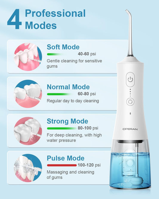 Operan Water Flosser for Teeth Cleaning Upgraded 300ml Cordless Water Dental Flossers Rechargeable Oral Irrigator with 4 Modes 4 Jet Tips IPX7 Waterproof Water Floss for Home Travel (White)+1Pack
