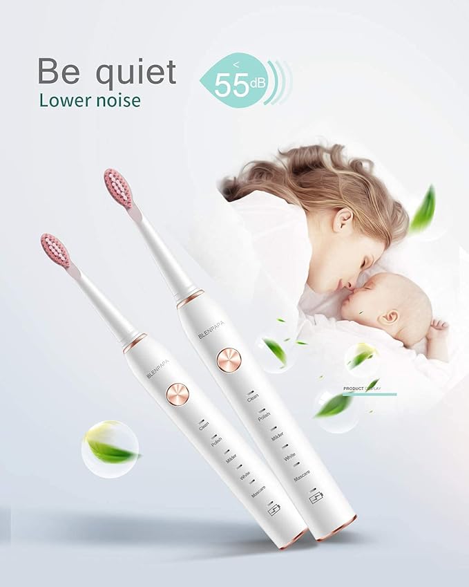 High Vibration 38000VPM Sonic Electric Toothbrush for Adults with Timer Dupont Brush Heads Ultra Whitening 5-Modes - White
