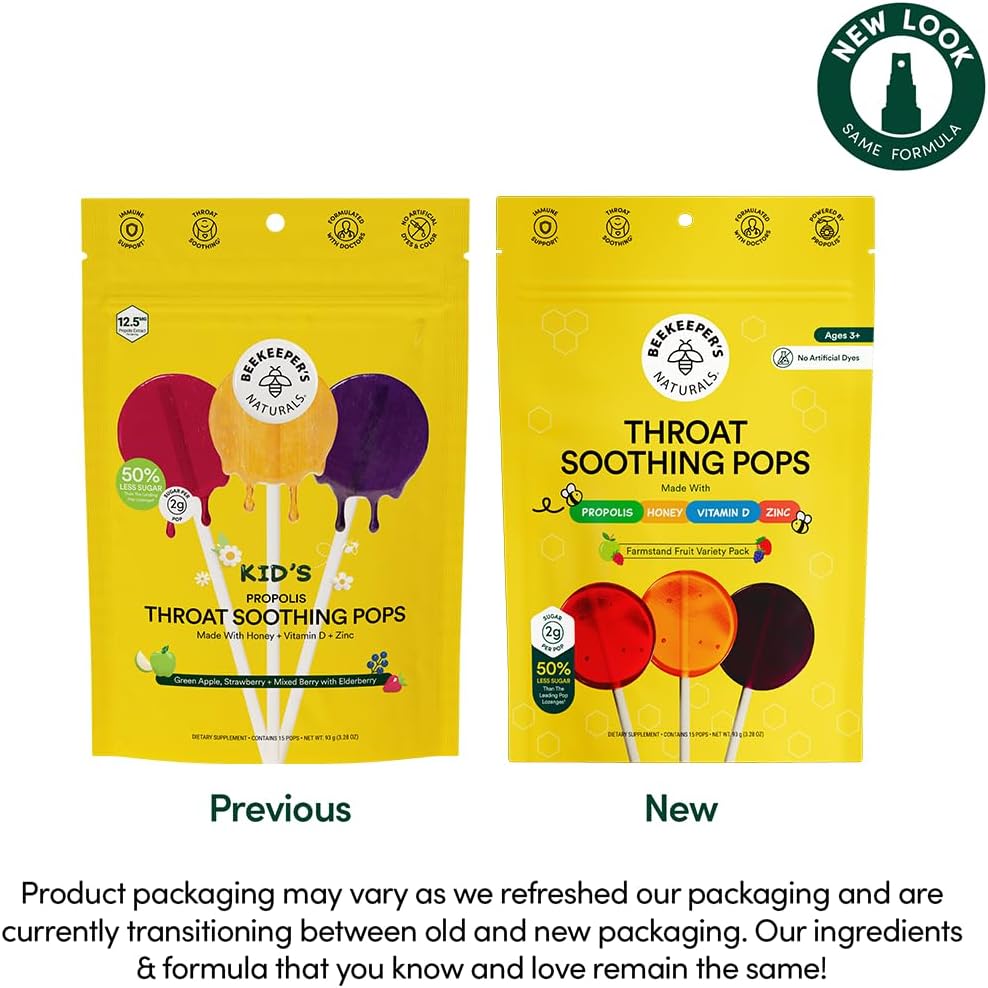 Kids Throat Soothing Lollipops by Beekeeper's Naturals - Doctor Formulated Immune Support, Vitamin D & Honey, Under 2g Sugar, Clean Ingredients,15 ct