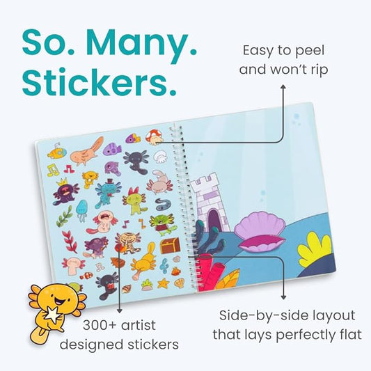 Cupkin Axolotl Sticker Book Activity, Toddler Airplane Travel Essentials, 300+ Axolotl Stickers for Kids + Eight Scenes + 8 Coloring Book Pages, Animal Lover Children's Gift, Kids Crafts for Ages 2-8