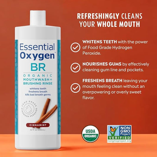 Essential Oxygen, BR Organic Brushing Rinse and Mouthwash, Cinnamint, 32 fl oz, for Whiter Teeth, Fresher Breath and Happier Gums, Alcohol-Free Oral Care (Pack of 1)