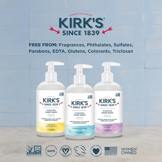Kirk's Hydrating Hand Wash - Made with Coconut Oil and Aloe Vera, With Odor Neutralizing Technology To Help Eliminate Odors, Non-GMO, Vegan, Fragrance Free, 12 Fl Oz.