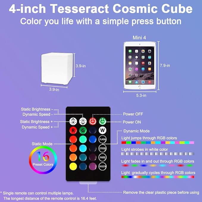 4-In LED Cube Night Light, Cordless LED Light Cubes for Kids, RGB Color Changing Tesseract Cosmic Cube Mood Lamp w/Remote, Rechargeable Square Bedside Lamp Nursery Light for Bedroom Garden Party Decor