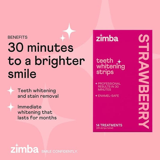 Zimba Teeth Whitening Strips for Teeth Sensitive, White Strips for Teeth Whitening, Teeth Whitener Stain Remover 28 White Strips Included Per Pack, 2 Pack (14 Day Treatment), Strawberry and Watermelon