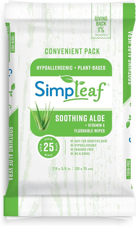 Simpleaf Flushable Wet Wipes Aloe Vera| Eco-Friendly, Paraben & Alcohol Free | Hypoallergenic & Safe for Sensitive Skin | Soothing Aloe Formula | (24 x 25 Counts Convenient Pack) 600 Counts Total