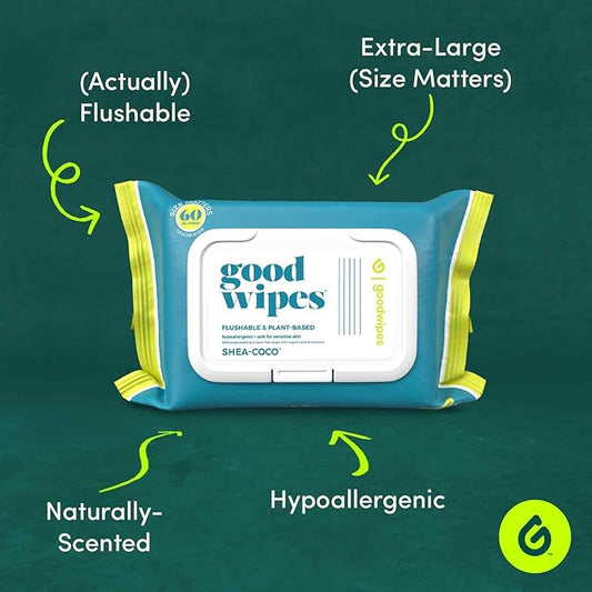 Goodwipes Flushable Wipes – Made with Vitamin E & Aloe – Soft, Individually Wrapped Butt & Feminine Cloths for On-the-Go & Travel Use – Largest Adult Toilet Towelettes – Shea-Coco, 1 pack, 32 count