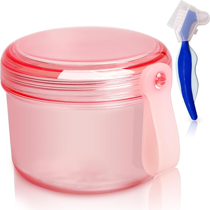 Leak Proof Denture Cups Bath, Dishwasher safe, Denture Case for Soaking Full & Partial Dentures, Retainers, with Hard Denture Cleaner Brush & Denture Brush Cover (Transparent Rouge)