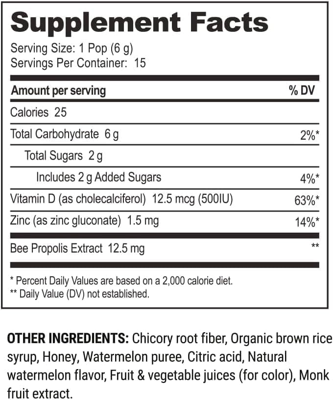 Kids Throat Soothing Watermelon Lollipops, by Beekeeper's Naturals - Doctor Formulated Immune Support, under 2g Sugar, Vitamin D & Honey, 15 ct