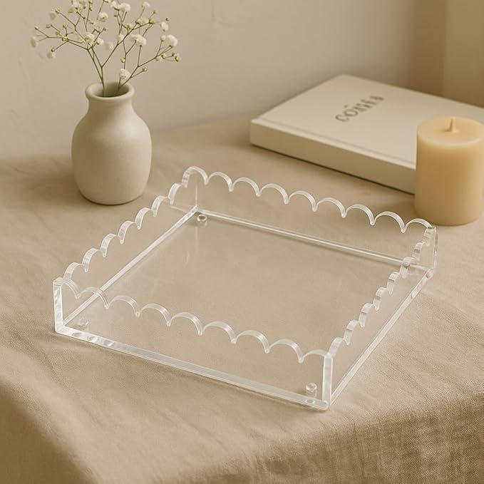 Acrylic Tray with Ultra-Strong Magnetic Mat- Customizable Serving & Display Tray, Clear Scalloped Vanity Jewelry Organizer, Picture Frame Bathroom Tray Decor, Unique Gift for Women Girls