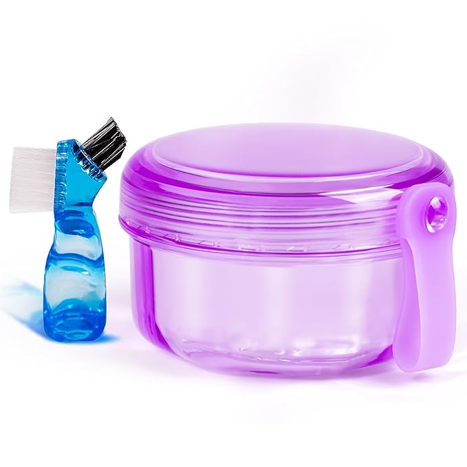 Leak Proof Purple Denture Cups for Soaking Dentures, Partial Denture Bath Case Travel Retainer Cleaning Container Case with Brush for Aligner, Denture, Mouth Guard