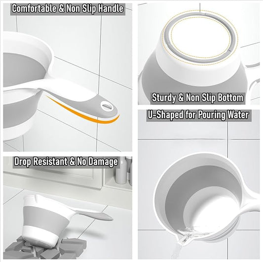 Collapsible Plastic Water Ladle Folding Scoop for Bath Soaking Cleaning, Portable Water Pourer Dipper Spoon for Camping Travel, Small Shower Bucket Basin Tub Rinse Cup Mug for Hair Washing, Gray