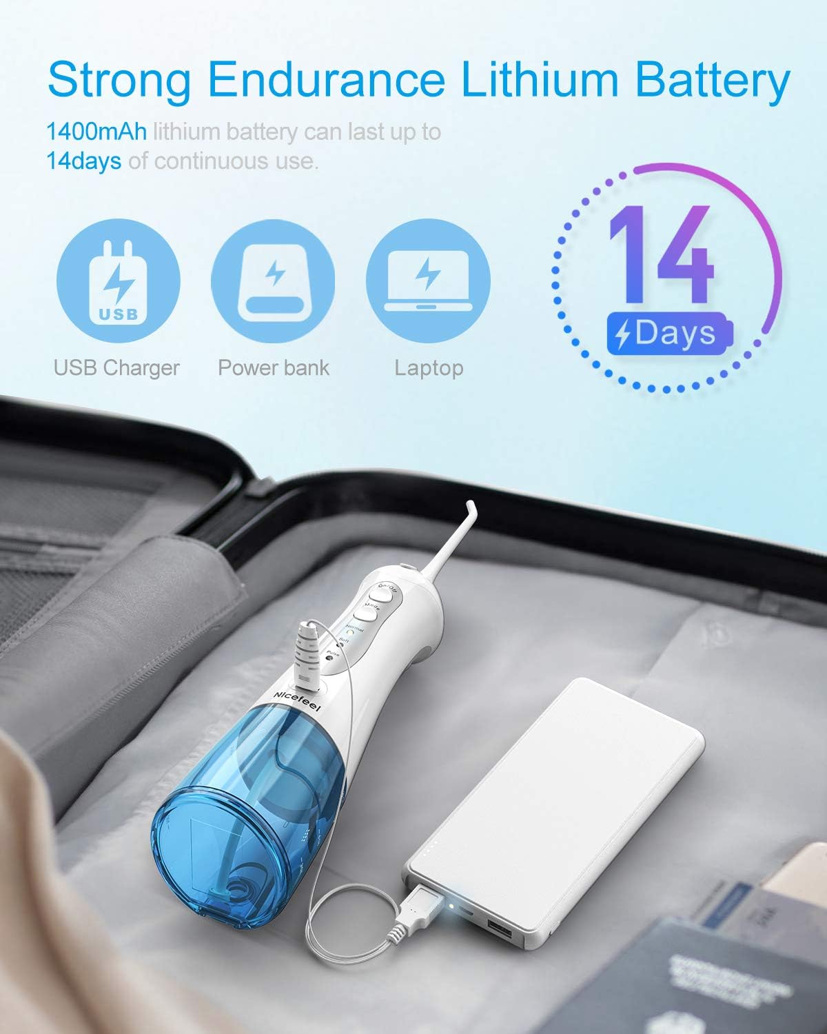 Cordless Water Flosser Teeth Cleaner, Nicefeel 300ML 2 Tip Cases Portable and USB Rechargeable Oral Irrigator for Travel, IPX7 Waterproof, 3-Mode Water Flossing with 4 Jet Tips for Home