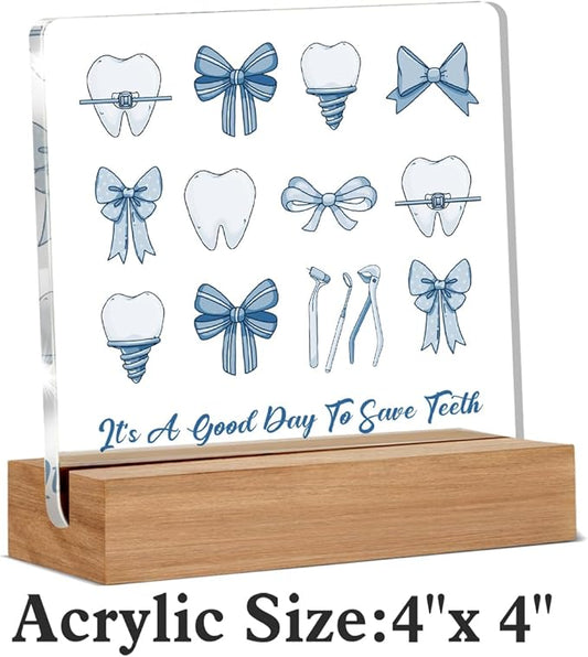 Dental Hygienist Gifts, Dentist Gift for Women, Dental Assistant Accessories Acrylic Plaque Gifts, Blue Bow Coquette Dentist Office Desk Decor