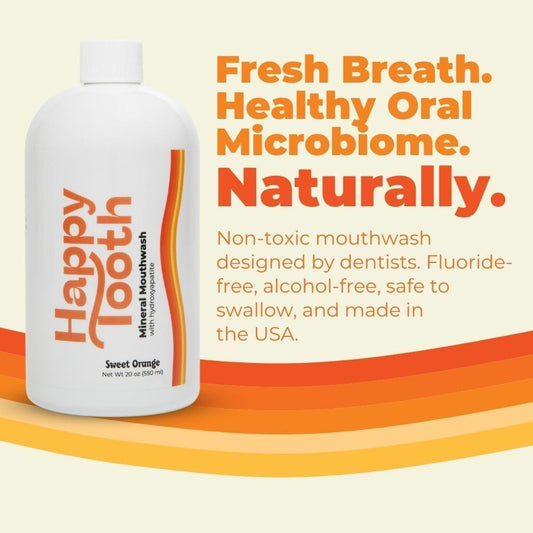 Happy Tooth Hydroxyapatite Mouthwash, Fluoride Free, Teeth Whitening, Remineralizing for Enamel Strength, Fresh Breath, Oral Microbiome Support, Dentist Formulated, Gentle Care, Sweet Orange, 20 Fl Oz