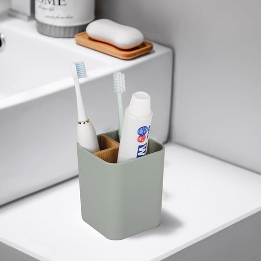 Bamboo Toothbrush Holder for Bathrooms, 3 Slots Kids Toothbrush and Toothpaste Holder Bathroom Countertop Organizer for Electric Toothbrushes, Floss, Razors - Green