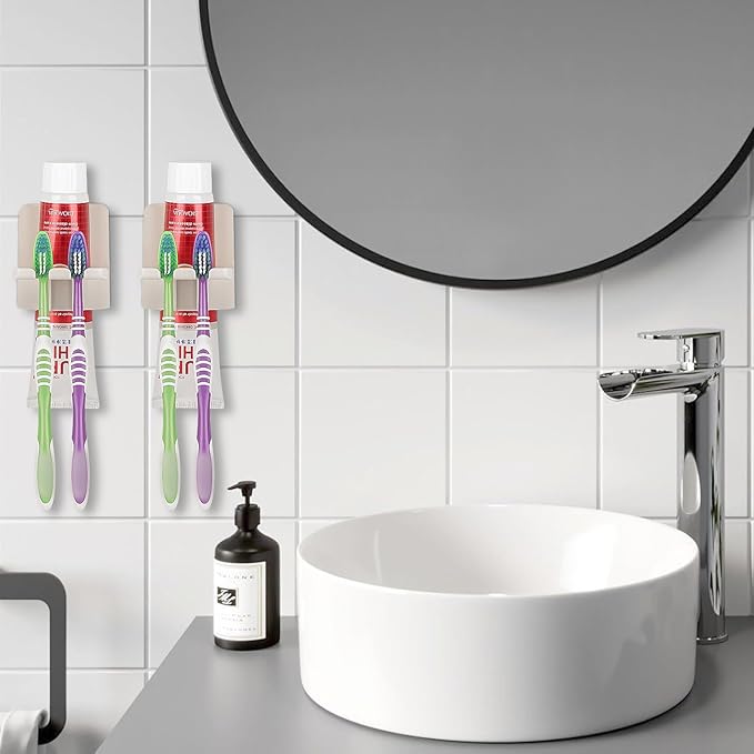 2 PCS Self-Adhesive Toothbrush Holders Wall Mounted, Water Proof Toothbrush Hook, 3 in 1 with Toothbrush Hanger Toothpaste Holder and Gargle Cup Holder for Bathroom Shower (Beige)