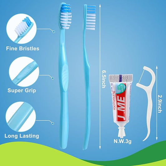 300 Sets Bulk Disposable Toothbrushes Toothpaste Floss Individually Wrapped Dental Floss Pick Kit Homeless Hygiene Kit Bulk Homeless Care Package Supplies for Travel Hotel (Blue,Pink)