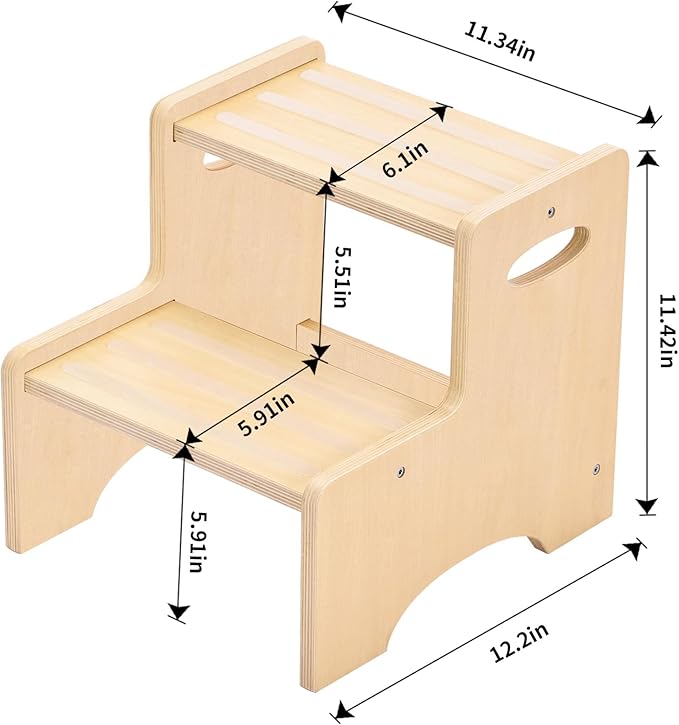 Wooden Toddler Step Stool for Kids, Two Step Stool with Non-Slip Pads & Handles, Potty Training Stool for Bathroom Sink, Toilet, Kitchen, Bedroom (Natural)