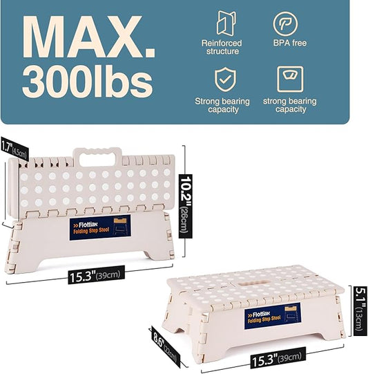 Flottian 5" Folding Step Stool for Adults and Kids 15-Inch Extra Wide Stool Holds Up to 300 lbs,Non-Slip Folding Stools with Handle,Compact Plastic Foldable Step Stool for Bathroom,Kitchen,ect Khaki