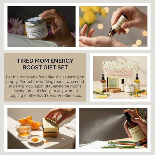 Energy Boost Gifts for Mom - 5-Piece Mood Lift Self Care Gift Set. New Mom Care Package for Tired Moms with Body Butter, Aromatherapy Essential Oil Roller, Turmeric Soap, Body Oil and Room Spray.