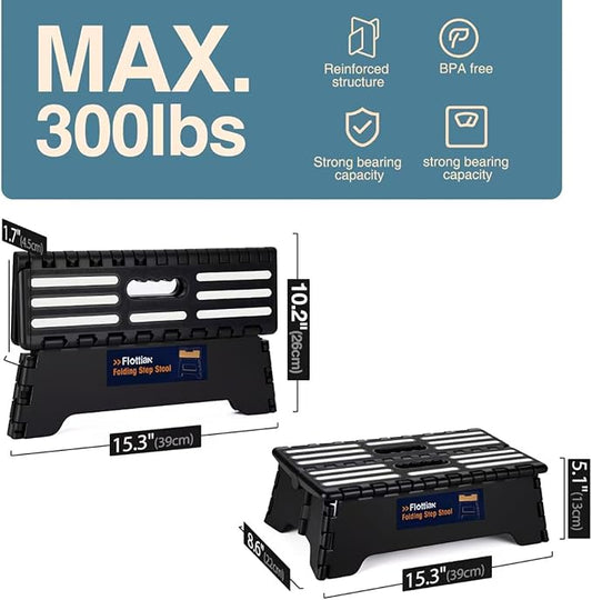 Flottian 5" Folding Step Stool for Adults and Kids 15-Inch Extra Wide Stool Holds Up to 300 lbs,Non-Slip Folding Stools with Handle,Compact Plastic Foldable Step Stool for Bathroom,Kitchen,ect Black