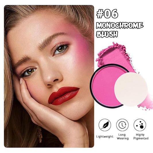 Natural Single Matte for Face Cheeks Blush with Makeup Powder Puff, Watermelon Pink Monochrome Blush Cream Powder Makeup Palette Blushes Long-lasting Blendable Foundation for Women Every Day 06