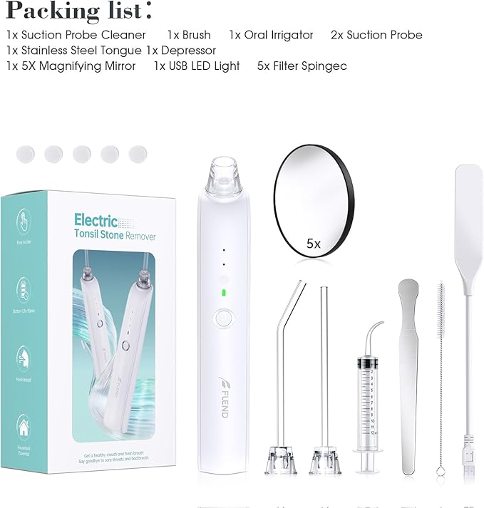 Electronic Tonsil Stone Remover Vacuum, 5X Magnifying Mirror, 3 Modes, LED Light Mouthwash, Bad Breath Water Flosser