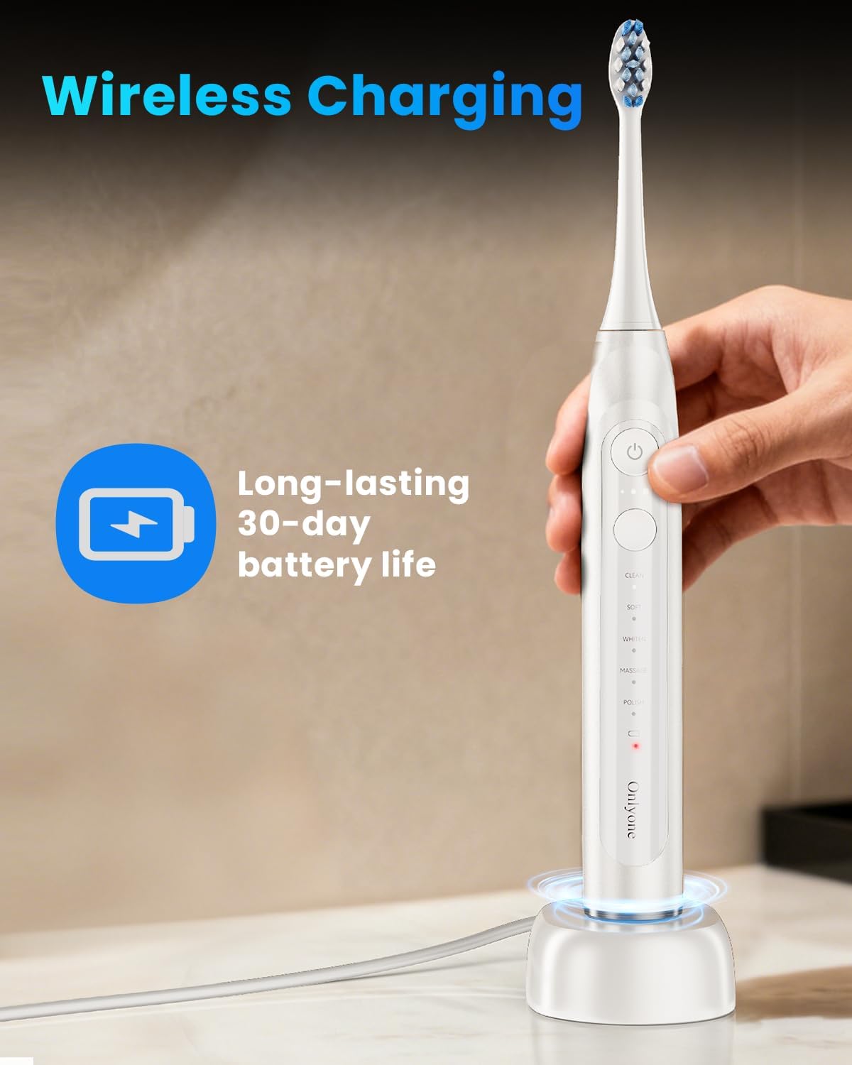 Onlyone Sonic Electric Toothbrush for Adults, Rechargeable Ultrasonic Electric Toothbrush with 8 Brush Heads, Travel Case, Charging Base & Wireless Charging - 5 Modes with Smart Timer