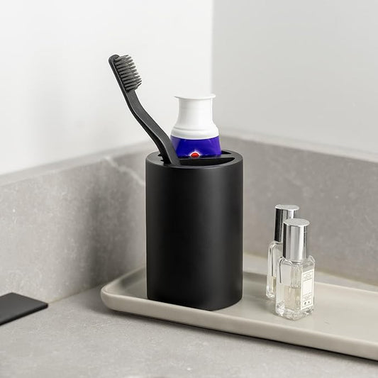 Matte Black Toothbrush Holder for Bathrooms – Modern Resin Countertop Organizer with Slots, Compact Toothbrush and Toothpaste Storage for Vanity, Hotel, Airbnb (Black)