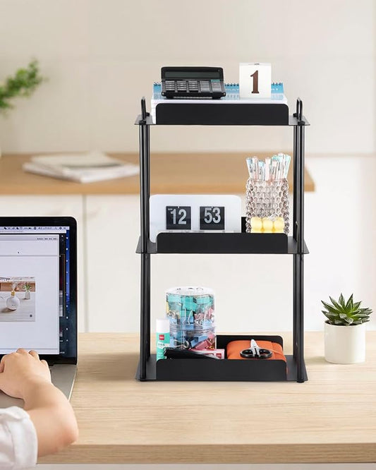 KATHY&BOB Bathroom Countertop Organizer, Make-up Desk Organization, Dressing Shelf Desktop Storage for Bathroom Cosmetic Dorm Kitchen Living Room, Multipurpose Cubicle Display Rack (Black, 3 Tiers)