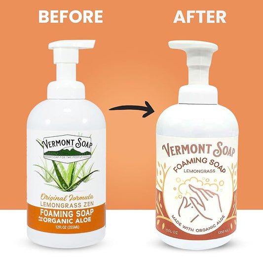 VERMONT SOAP Organic Lemongrass Zen Foaming Hand Soap - Natural Moisturizing Soap for Dry Skin - Fragrance Free Liquid Bathroom Hand Soap Dispenser - Lemongrass Zen - 12 oz
