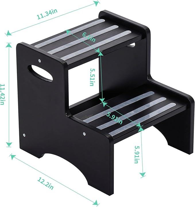 Wooden Step Stool for Kids, Toddler 2 Step Stool with Non-Slip Pads & Handles, Heavy Duty Potty Training Stool for Bathroom Sink, Toilet, Kitchen, Bedroom (Black)